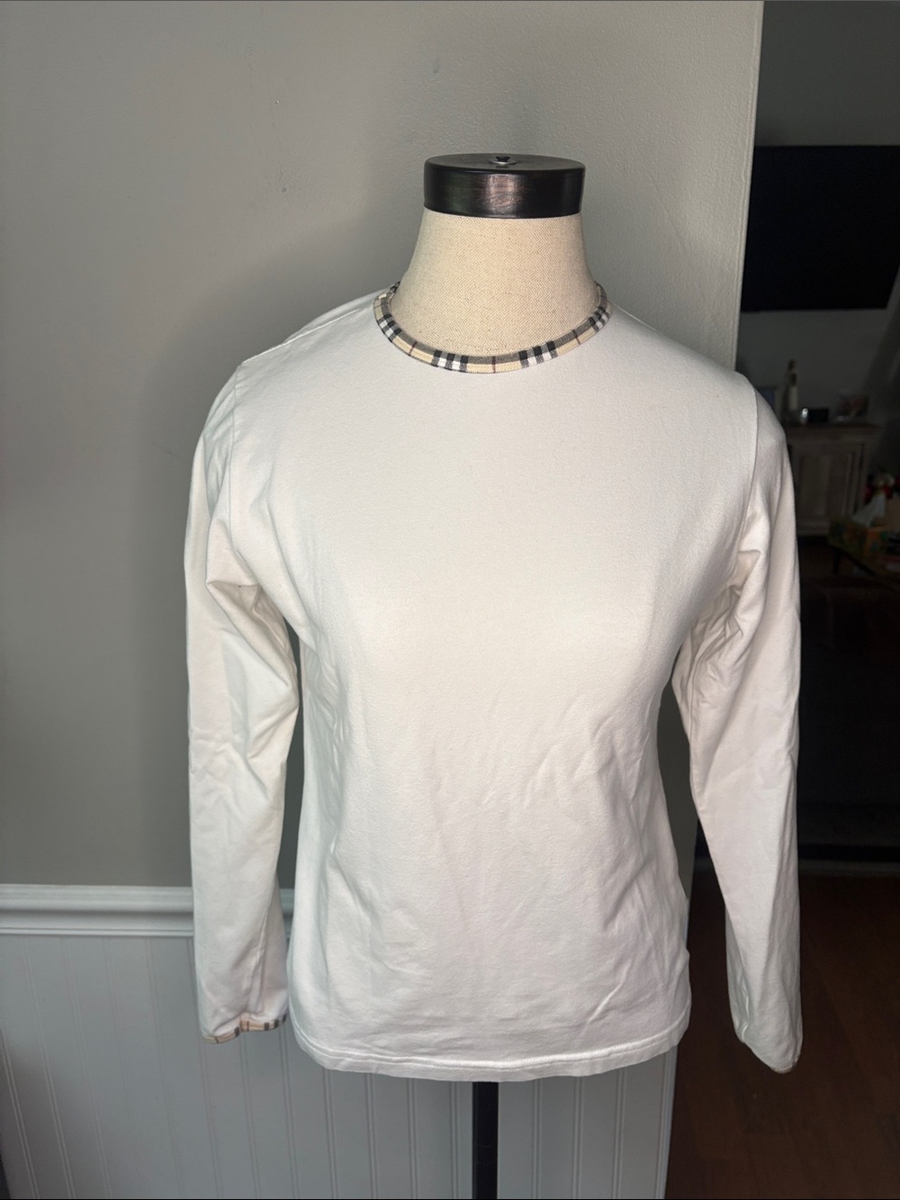 Burberry White Long-Sleeve Crewneck with Signature Check Trim